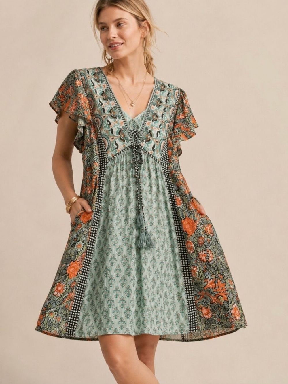 Anthropologie Sage Green and Orange Floral Mini Dress Size Medium